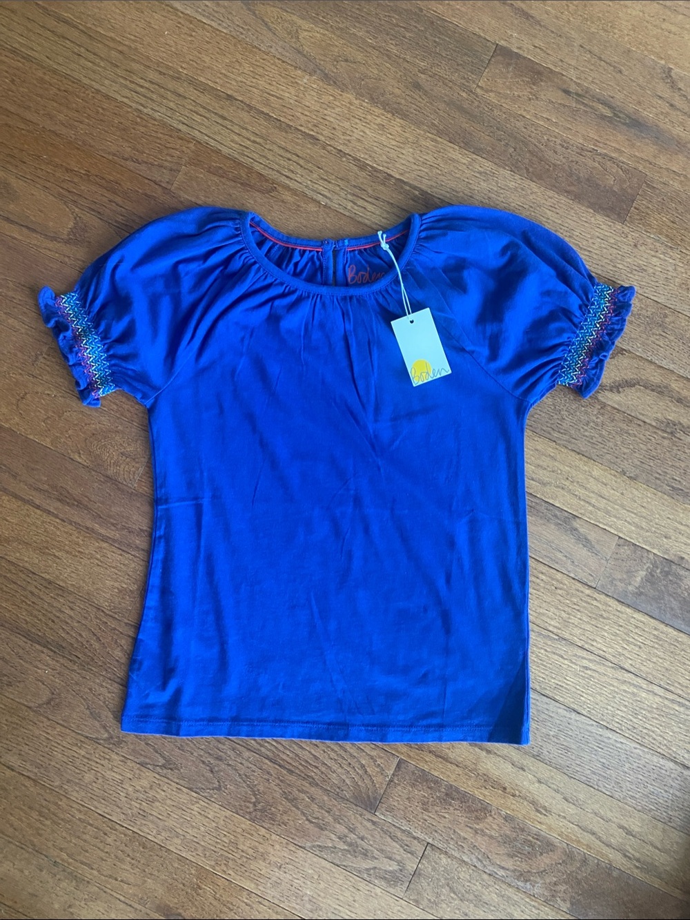 Mini Boden Bright Royal Blue Short Sleeve Top with Multicolor Smocked Sleeves